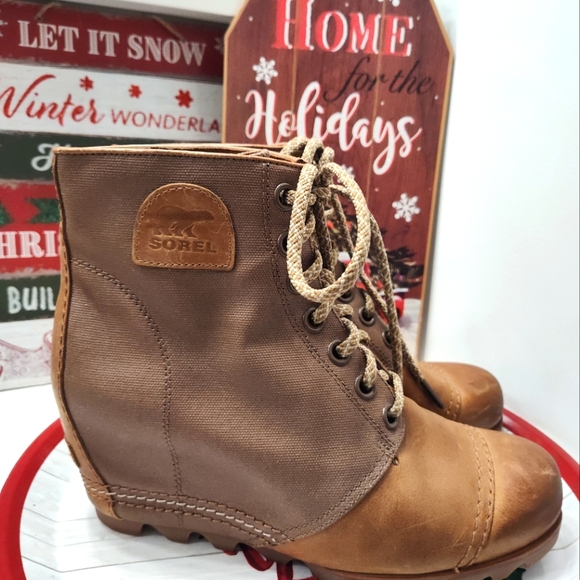 💕EUC Sorel Brand Premium Moto PDX Leather Lace Up Wedge Ankle Boots, Came, 10 - Picture 12 of 16